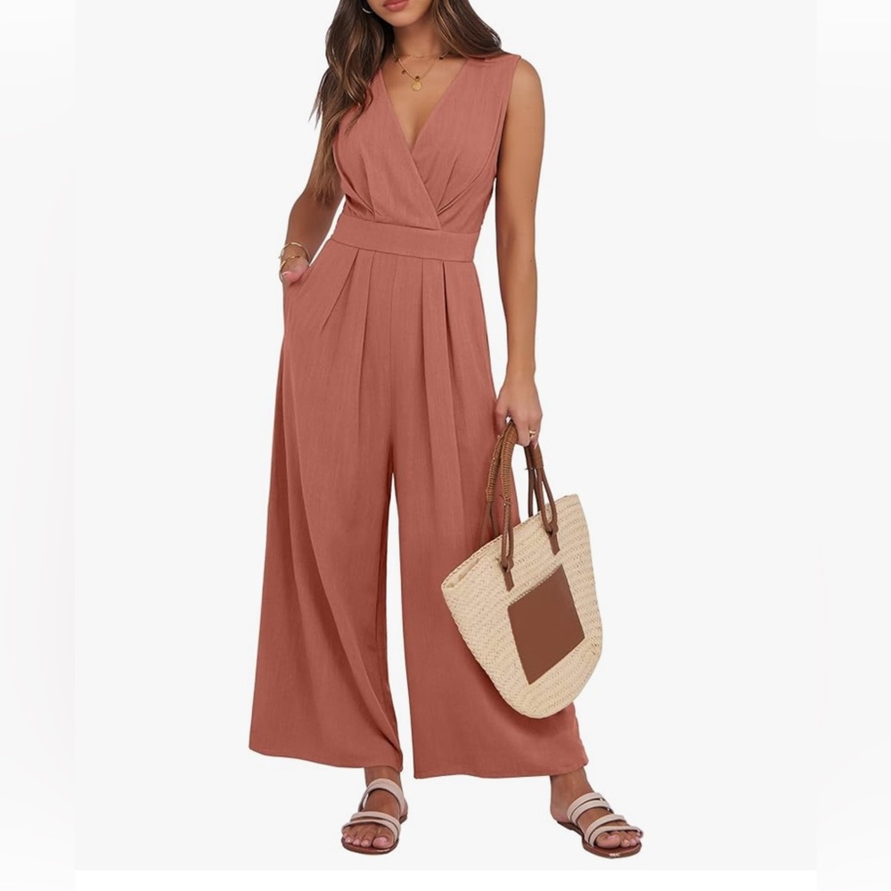Sleeveless Linen Blend Jumpsuit in Rust